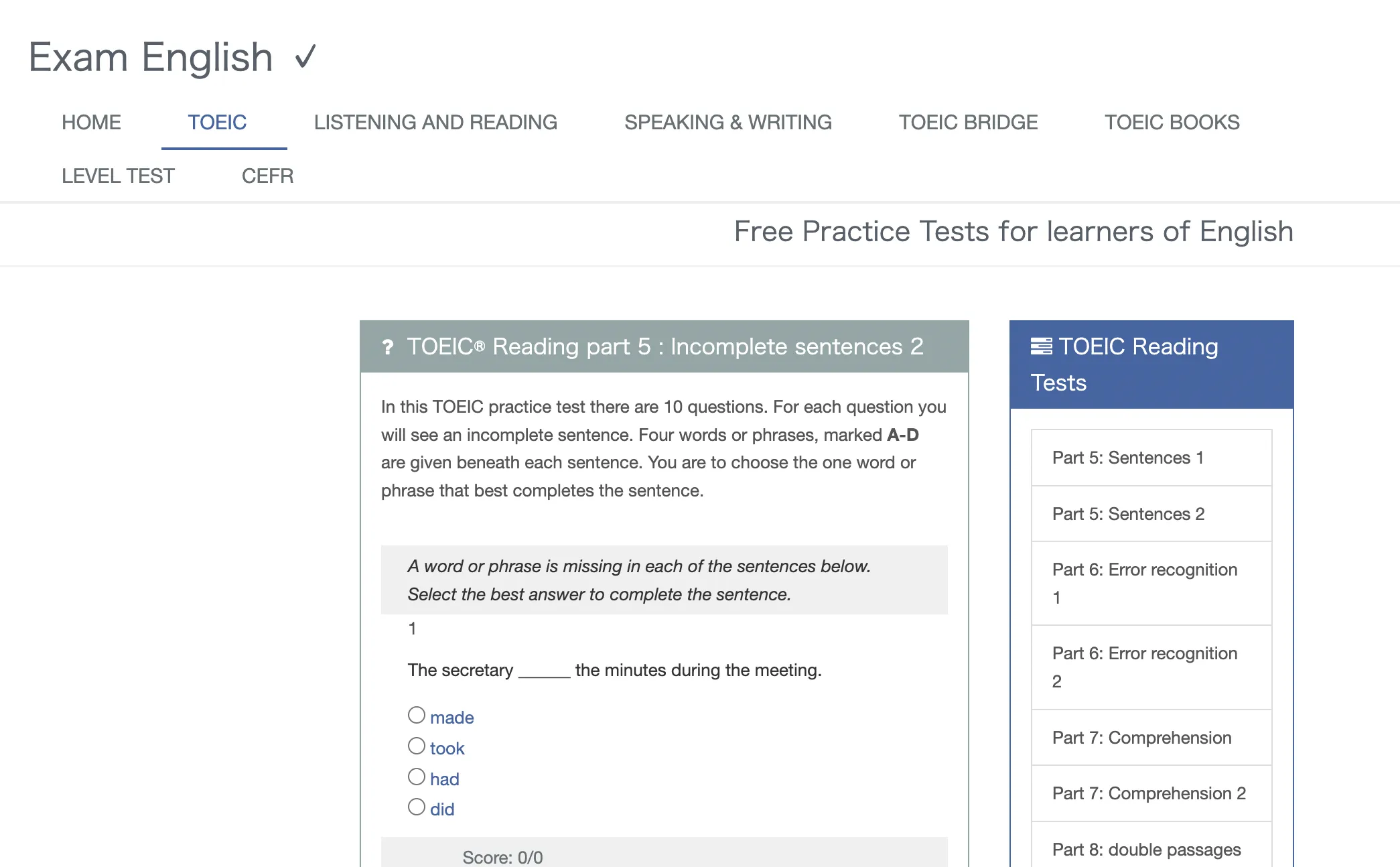 TOEIC Incomplete Sentences